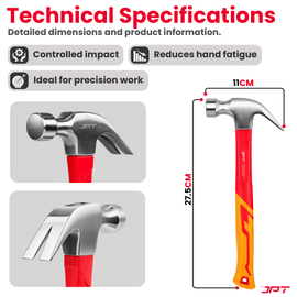 JPT 250G Forged Steel Claw Hammer with Anti-Slip Rubber Grip – Heavy Duty Carpenter Hammer for Carpentry, Woodworking & Construction Work, Professional Steel Hammer for Nail Driving & Extraction
