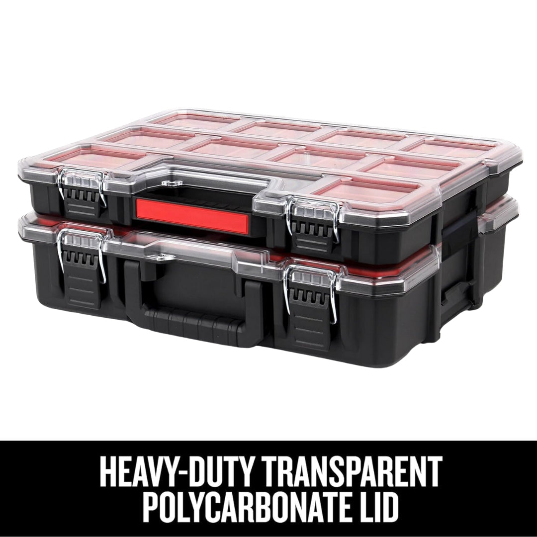 JPT Combo Deep and Shallow Tool Organizer Set with 10 & 8 Removable Bins, Adjustable Dividers, Heavy-Duty Storage Boxes with Transparent Lids for Tools, Hardware, Screws, and Small Parts