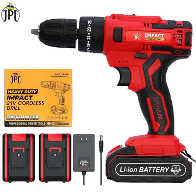 Buy the JPT heavy-duty 21-volt impact cordless drill machine, featuring 28 NM torque, 1350 rpm, keyless chuck, 25+3 setting modes, and more at the best price.