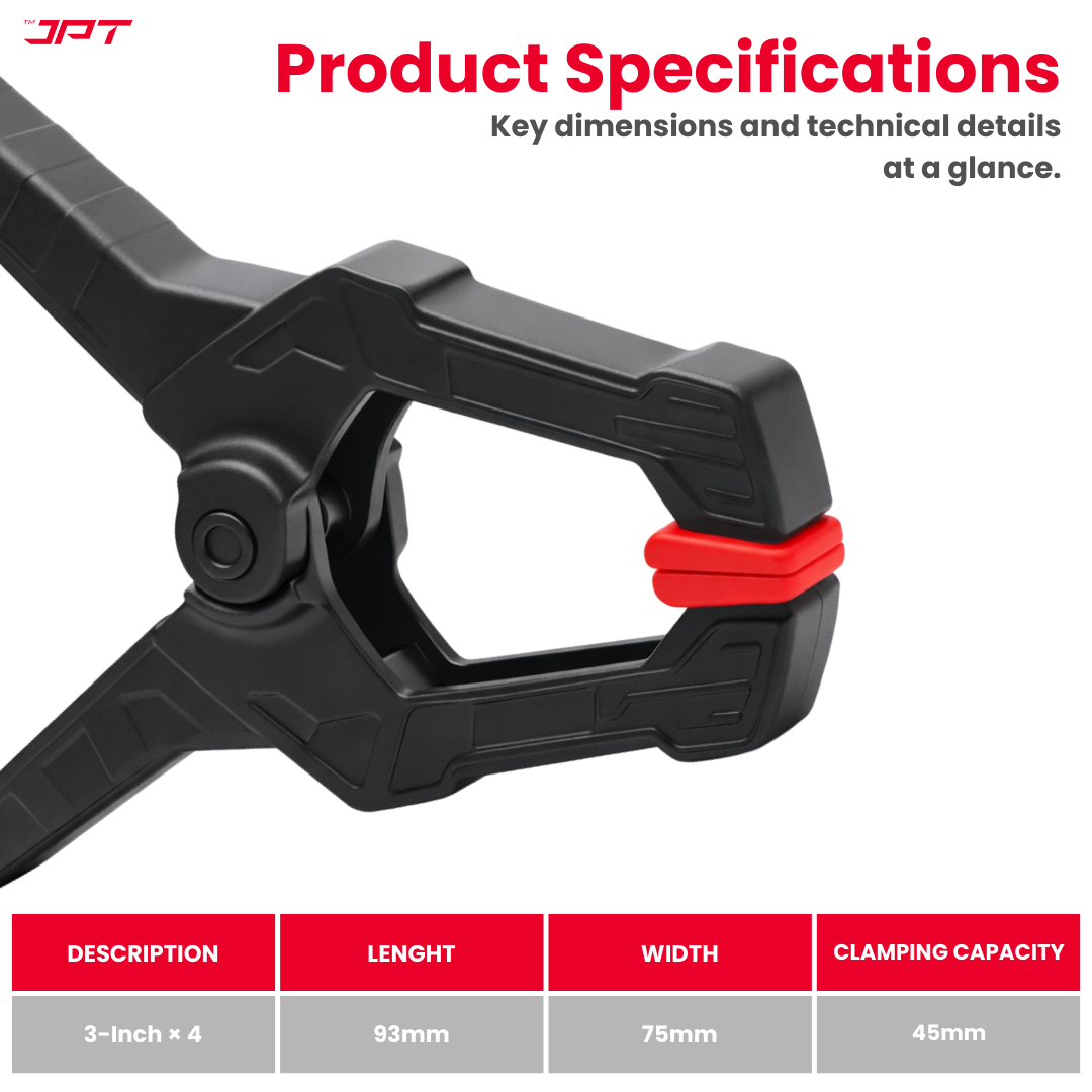 JPT 3.5" heavy duty spring clamp with 45mm wide jaw, high-tension steel spring and one-hand quick grip—ideal for woodworking, carpentry and DIY use. Buy Now