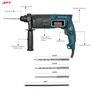 JPT 20MM SDS-Plus Rotary Hammer Drill Machine | 850W Motor | 1400RPM Speed | 2.4 Joules Impact | 4000 BPM Force | 2 Function Modes | Best for Home, DIY, Masonry, Steel, Wood & More
