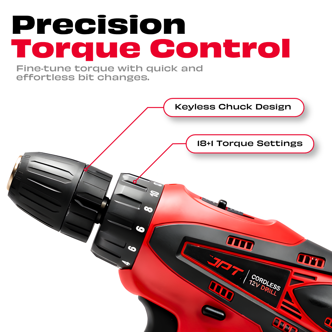 JPT 12-volt Multi-Tasking 3/8-inch Keyless Chuck Cordless Drill Machine | 24 Nm Torque | 1350 RPM Speed | 2 Speed Gear | 18+1 Clutch | 2 x 1500mAh Battery | Fast Charger