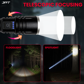 Buy JPT K17 super bright LED flashlight featuring rechargeable LED torch with 4800mAh battery, USB-C charging, power bank, telescopic zoom, and much more.