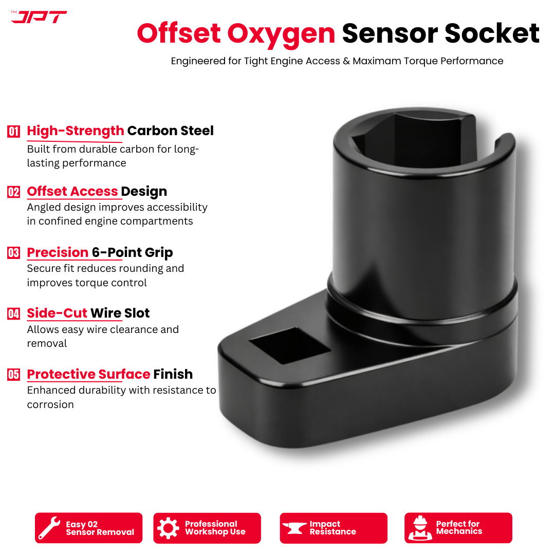 Buy JPT heavy duty 22mm oxygen sensor socket tool with offset and slotted design for tight engine access. Ideal for O2 sensor removal and car repair workshops.