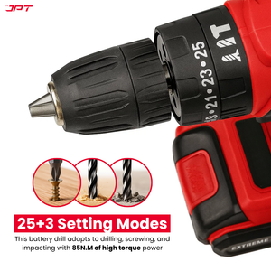 JPT Heavy-Duty 21V Cordless Impact Drill Machine | Brushless Motor | 85N.M Torque | 2250RPM Speed | 10mm Chuck | 25+3 Torque Settings | Dual Speed (Low & High) | Forward/Reverse Function | Li-ion Battery