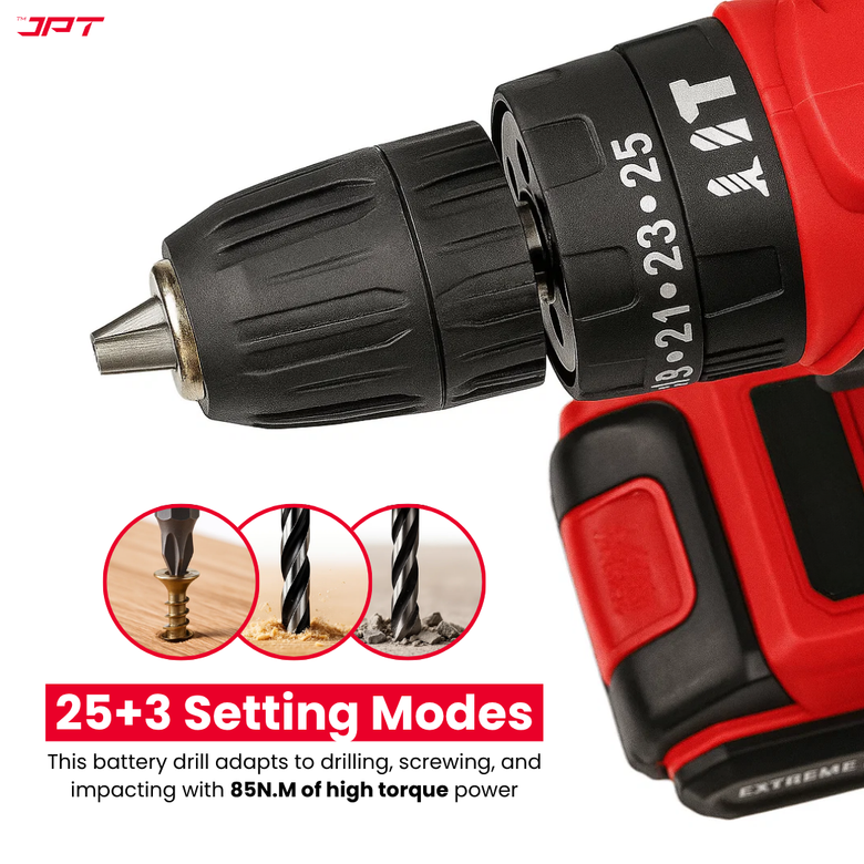 JPT Heavy-Duty 21V Cordless Impact Drill Machine | Brushless Motor | 85N.M Torque | 2250RPM Speed | 10mm Chuck | 25+3 Torque Settings | Dual Speed (Low & High) | Forward/Reverse Function | Li-ion Battery