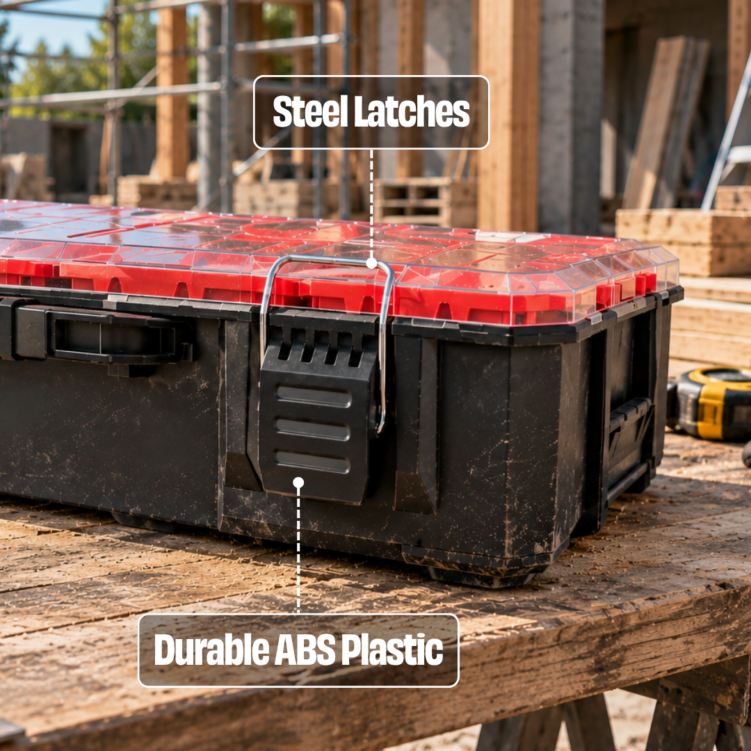 JPT Deep Tool Organiser Box with 10 Removable Bins, Heavy-Duty Storage Case with Transparent Lid for Tools, Hardware, Screws, Nuts, and Small items