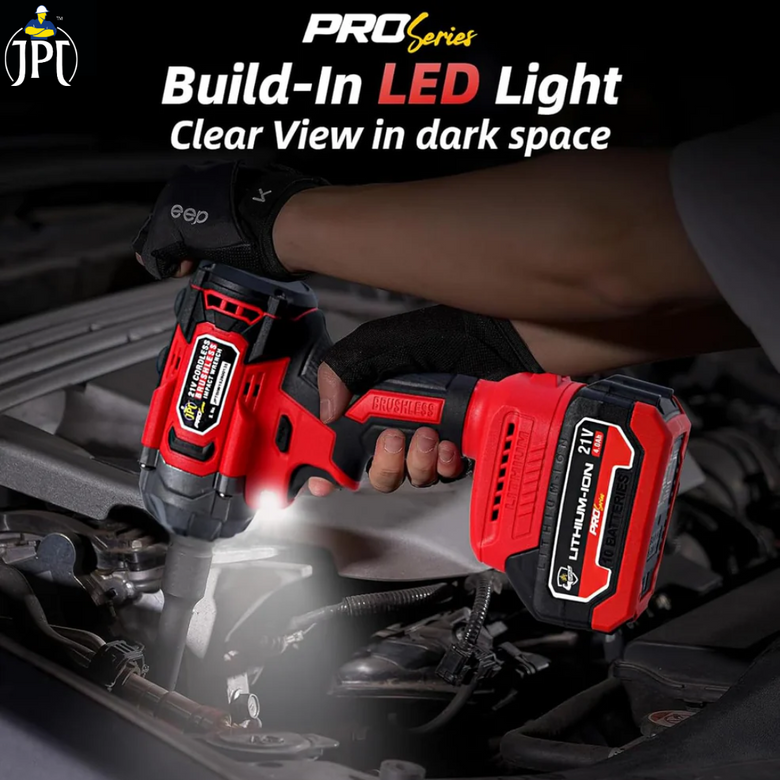 JPT Pro Series Brushless Heavy Duty 21-volt Cordless Impact Wrench | 350N.M Torque | 0-3450RPM Speed | 1/2-Inch Shank | 4000mAh Battery | All Accessories Included | 12-Months Warranty