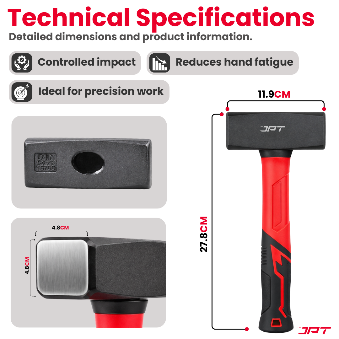 Buy JPT 2000G forged steel club hammer with heavy duty fiber handle and anti-slip grip. Ideal for masonry, chisel work, and construction tasks. Buy Now