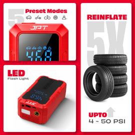 JPT Tools Portable Tyre Inflator & Car Jump Starter | 8000mAh Air Compressor for Cars, Bikes & Bicycles | Quick Inflation | Auto Shut Off | LED Light | Power Bank | EC5 Clamp & Valve Adapters Included