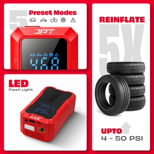 JPT Tools Portable Tyre Inflator & Car Jump Starter | 8000mAh Air Compressor for Cars, Bikes & Bicycles | Quick Inflation | Auto Shut Off | LED Light | Power Bank | EC5 Clamp & Valve Adapters Included