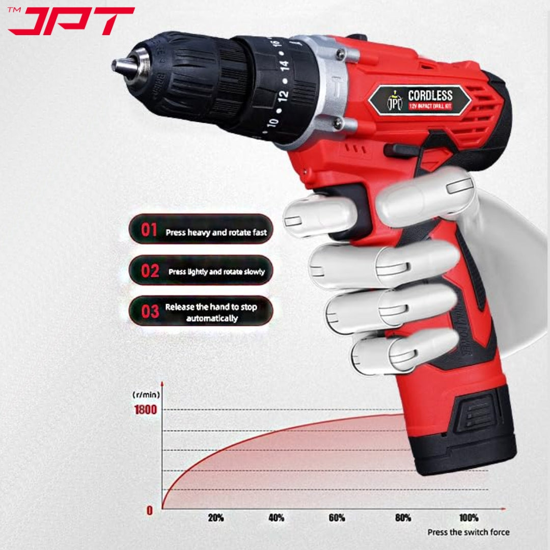 JPT 12V Impact Cordless Drill Machine | 30N.M Torque | 1800RPM Speed | 3/8