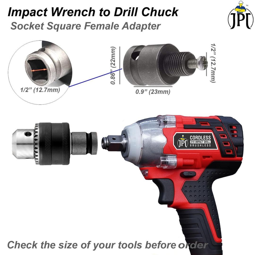 JPT Heavy Duty 13mm Drill Chuck with Key and 1/2-Inch Socket Square Female Adapter for Air Impact Wrench And Cordless Impact Wrench Converter Conversion Tool