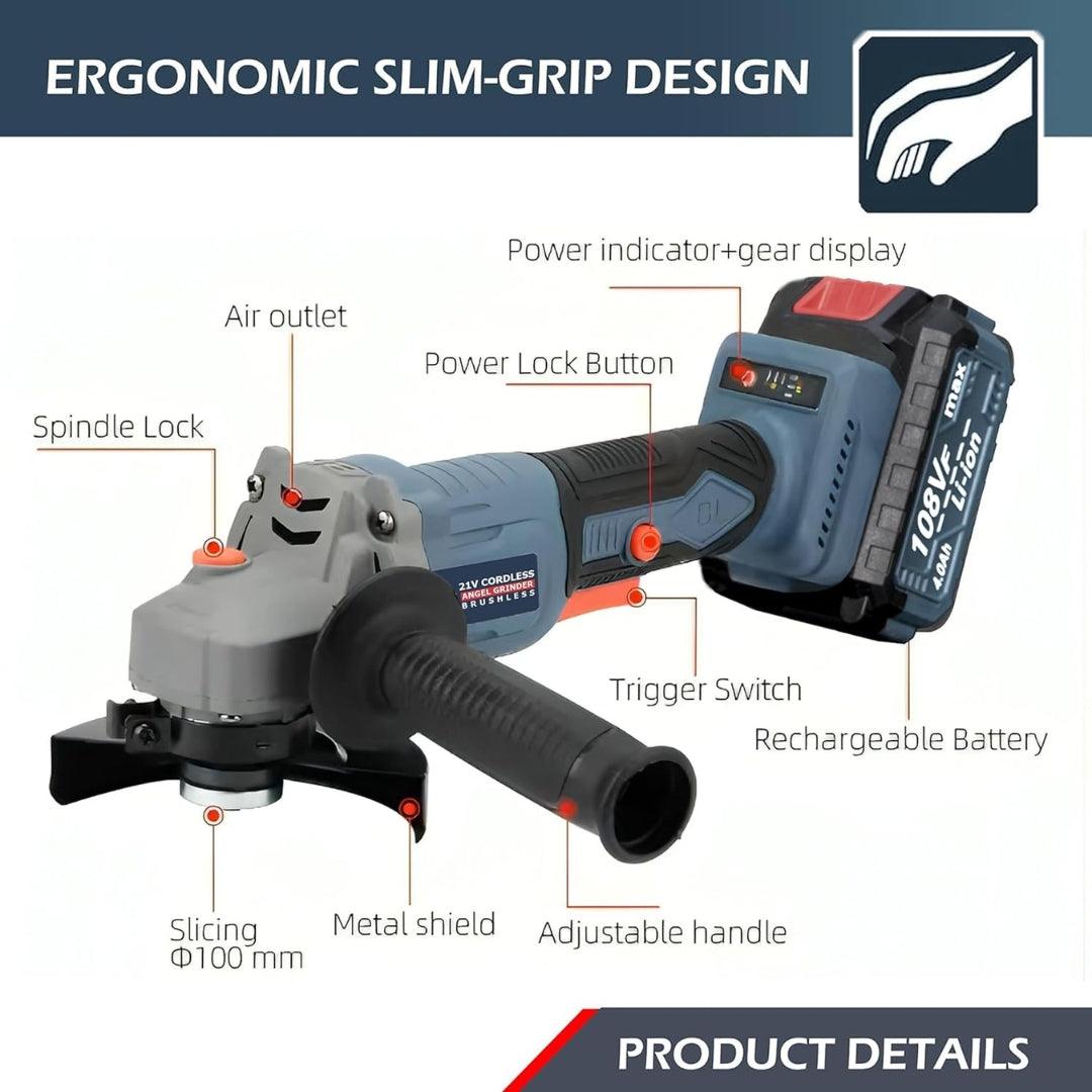 JPT 21V Brushless Heavy Duty Cordless Angle Grinder | 11000 RPM Speed | 21mm Cutting Depth | Smart Variable Speed Control Panel | 4000mAh Battery | Fast Charger