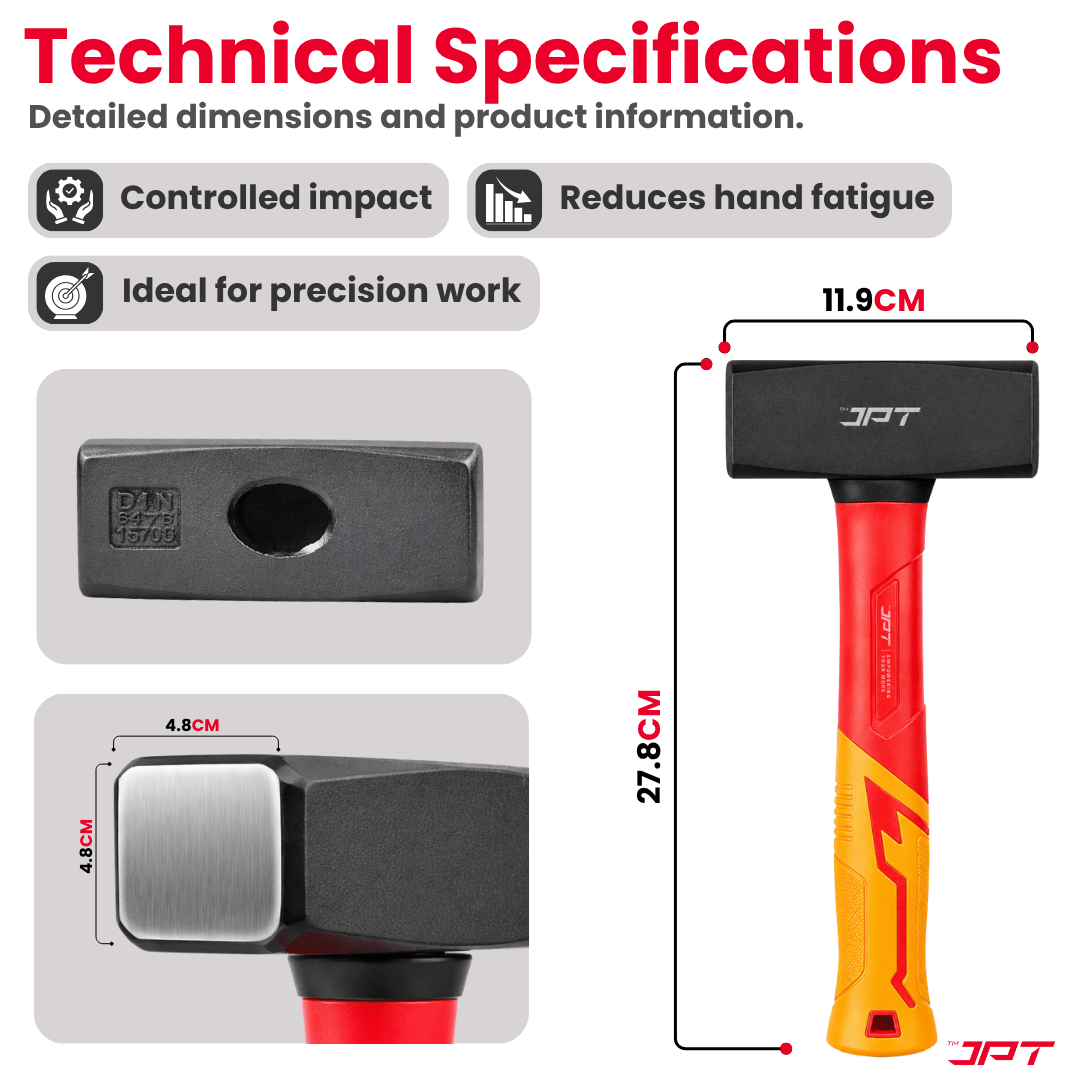 JPT 2000G Forged Steel Club Hammer – Heavy Duty Professional Lump Hammer with Anti-Slip Rubber & Shock-Absorbing Grip, Hammr for Demolition, Masonry & Fabrication Works