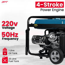 Buy JPT heavy-duty 5.5kw petrol generator, featuring single phase 4-stroke engine, push-button & recoil start, 220v/50hz ac + 12v dc, 25l fuel tank and more.