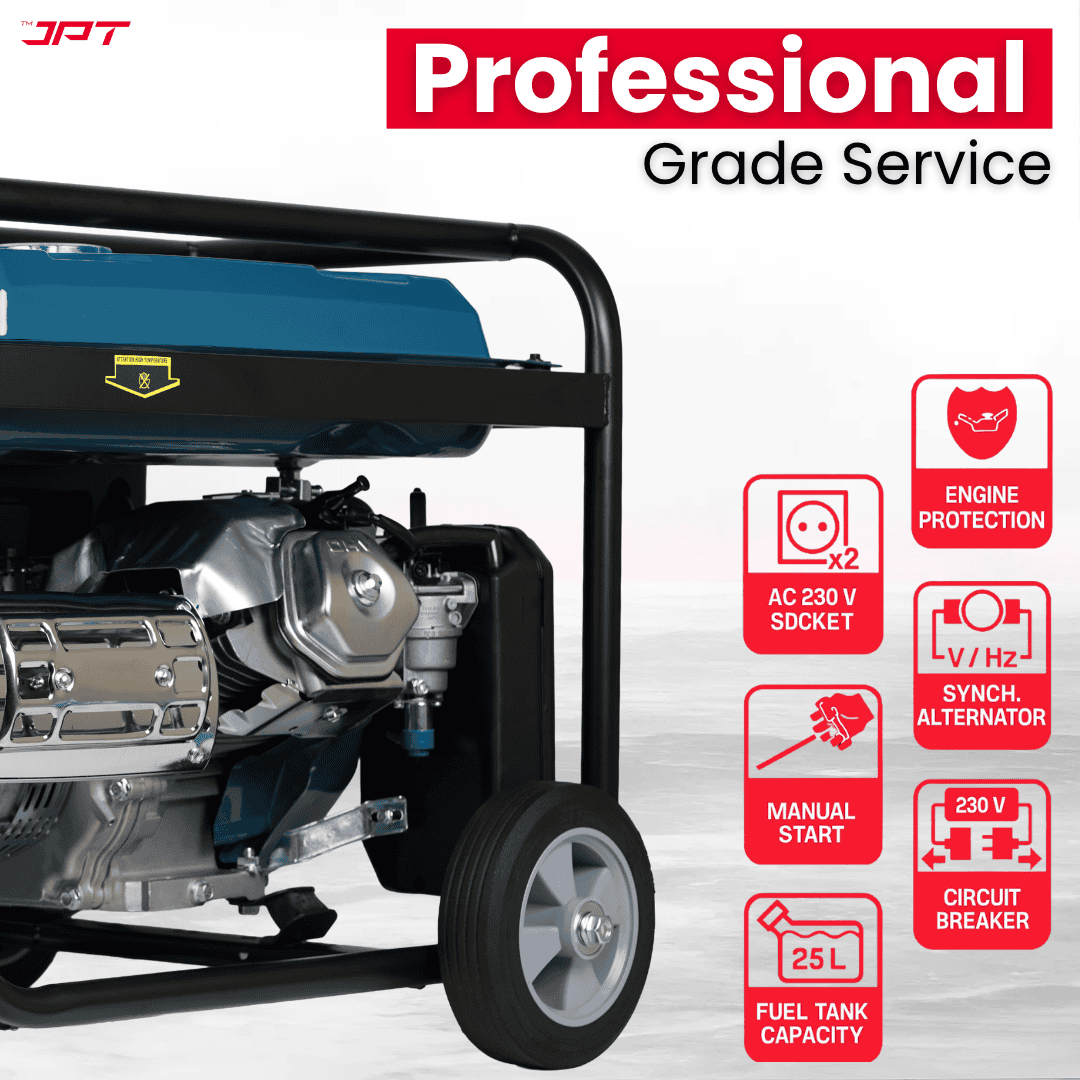 Buy JPT heavy-duty 5.5kw petrol generator, featuring single phase 4-stroke engine, push-button & recoil start, 220v/50hz ac + 12v dc, 25l fuel tank and more.