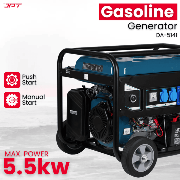 Buy JPT heavy-duty 5.5kw petrol generator, featuring single phase 4-stroke engine, push-button & recoil start, 220v/50hz ac + 12v dc, 25l fuel tank and more.