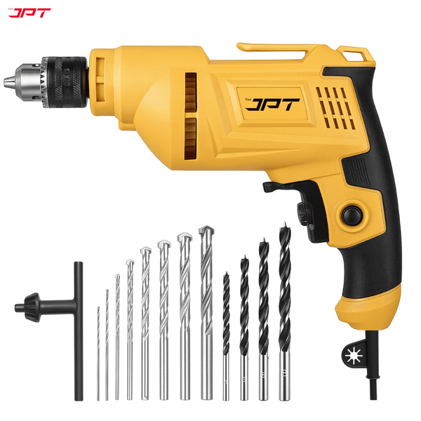 JPT Heavy-Duty Electric Drill Machine | 10MM Chuck | 500W Motor | 3000RPM Speed | 12-Speed Selection | Forward & Reverse | Auto-Lock Button | 4 Wood & 8 Masonry Drill Bits Included