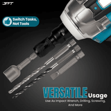 Buy JPT 21V cordless impact wrench with 400Nm torque, 3-speed control, 4000mAh battery, LED light, and 39-piece accessories kit for garage or workshop use.