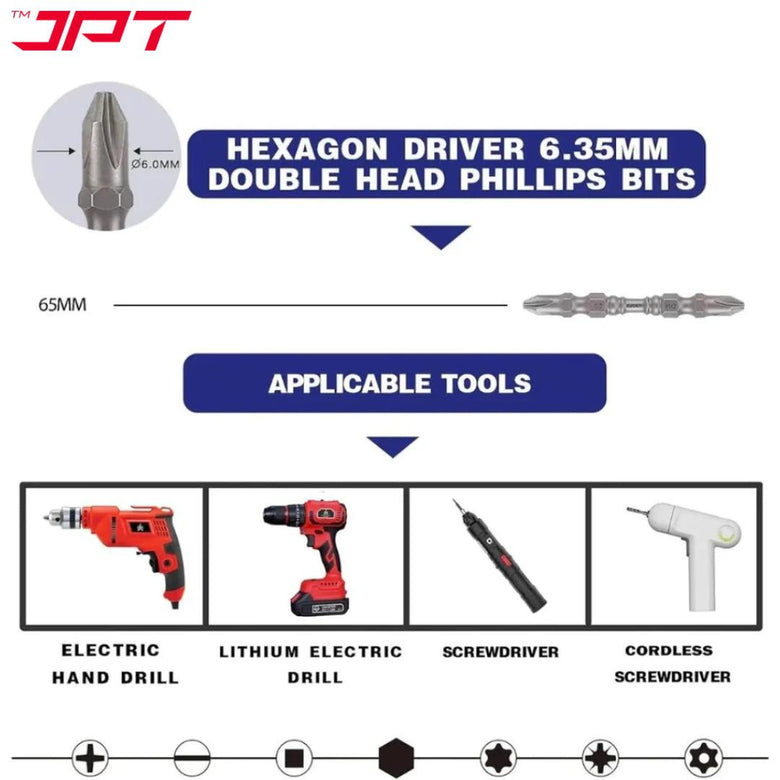 JPT 10-Pieces Two Sided Magnetic Screwdriver Bit Set | S2 High Torque Alloy Steel | PH2 Power Drill Double End