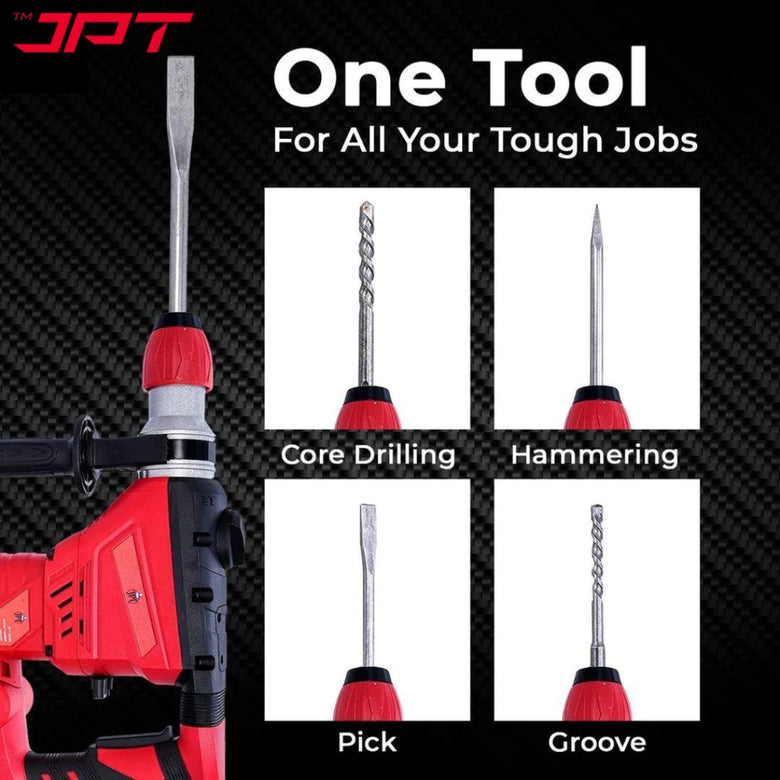 JPT Heavy Duty SDS Plus 32MM Core Rotary Hammer & Breaker Machine | 1500-Watt Motor | 4000 RPM Speed | 3800 BPM Force | 4.5 Joules Impact | 32mm Deep Drilling | 3 Function Modes | All Accessories Included