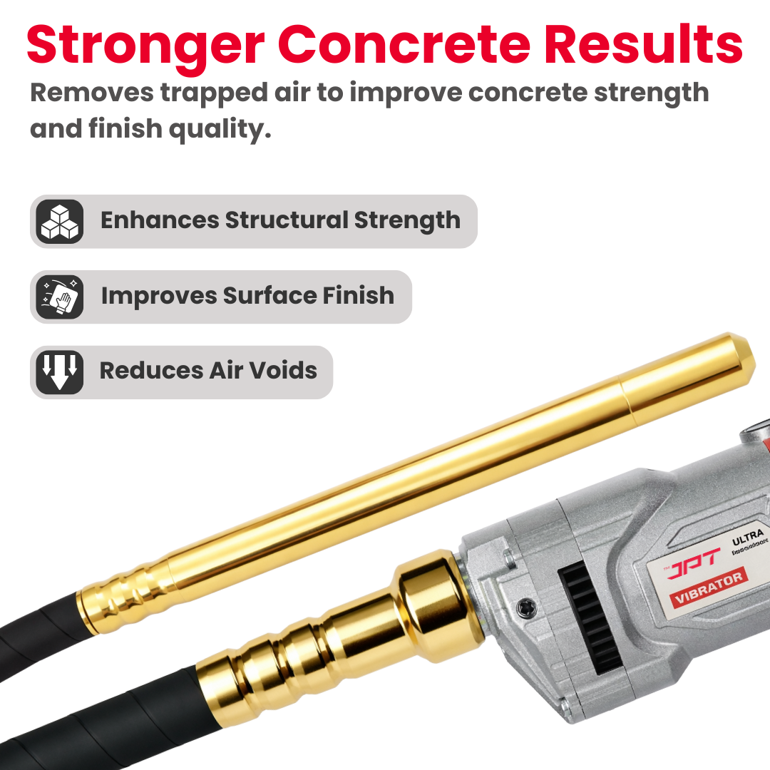 Buy JPT ultra heavy-duty 1500W electric concrete vibrator with copper winding motor & 4200 RPM speed. Ideal for RCC slabs, columns & heavy construction work.