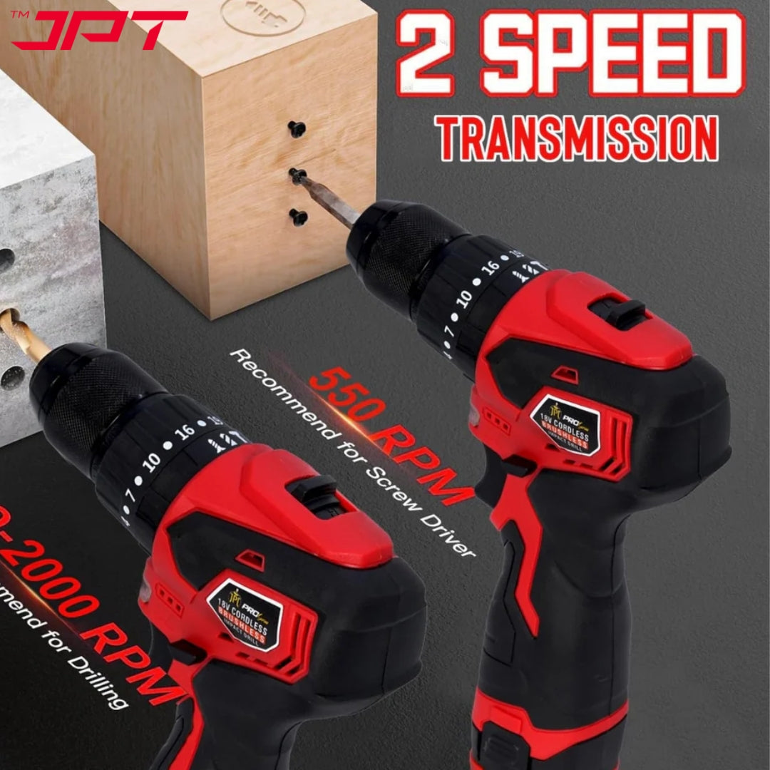 JPT Pro Series Brushless 18-volt Cordless Impact Drill Machine | 65N.M Torque | 0-2000RPM Speed | 35+3 Gears Box | 2 Speed Modes | 3/8-inch Metal Chuck | 1500mAh Battery | Fast Charger