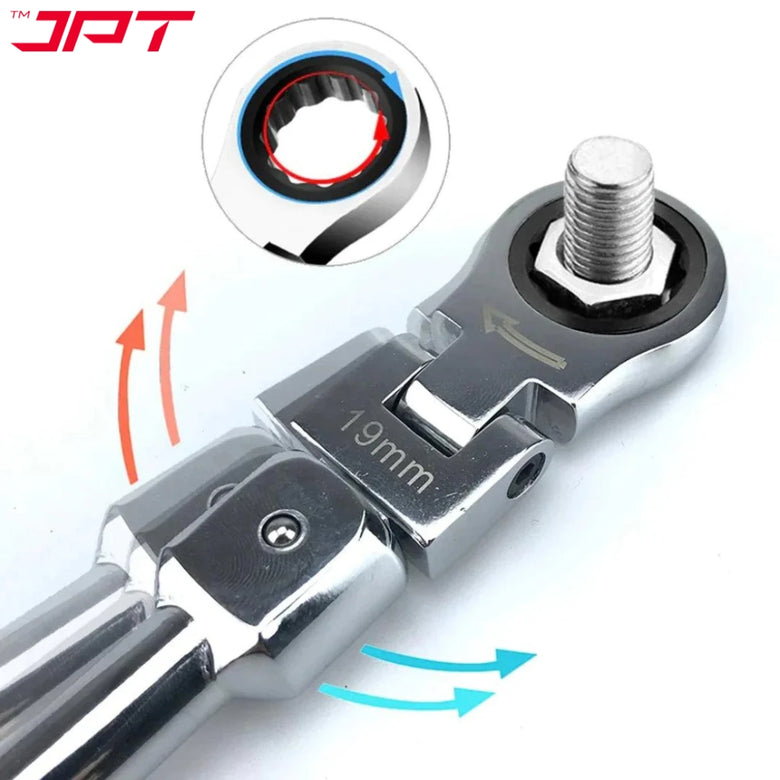 JPT Heavy Duty 8-Pieces Changeable Flex Head Ratchet Spanner | 7 Torx Heads Ranging From 8mm To 19mm | 180-Degree Rotation | Ratcheting Set for Automobile Repair, Home Projects, and More