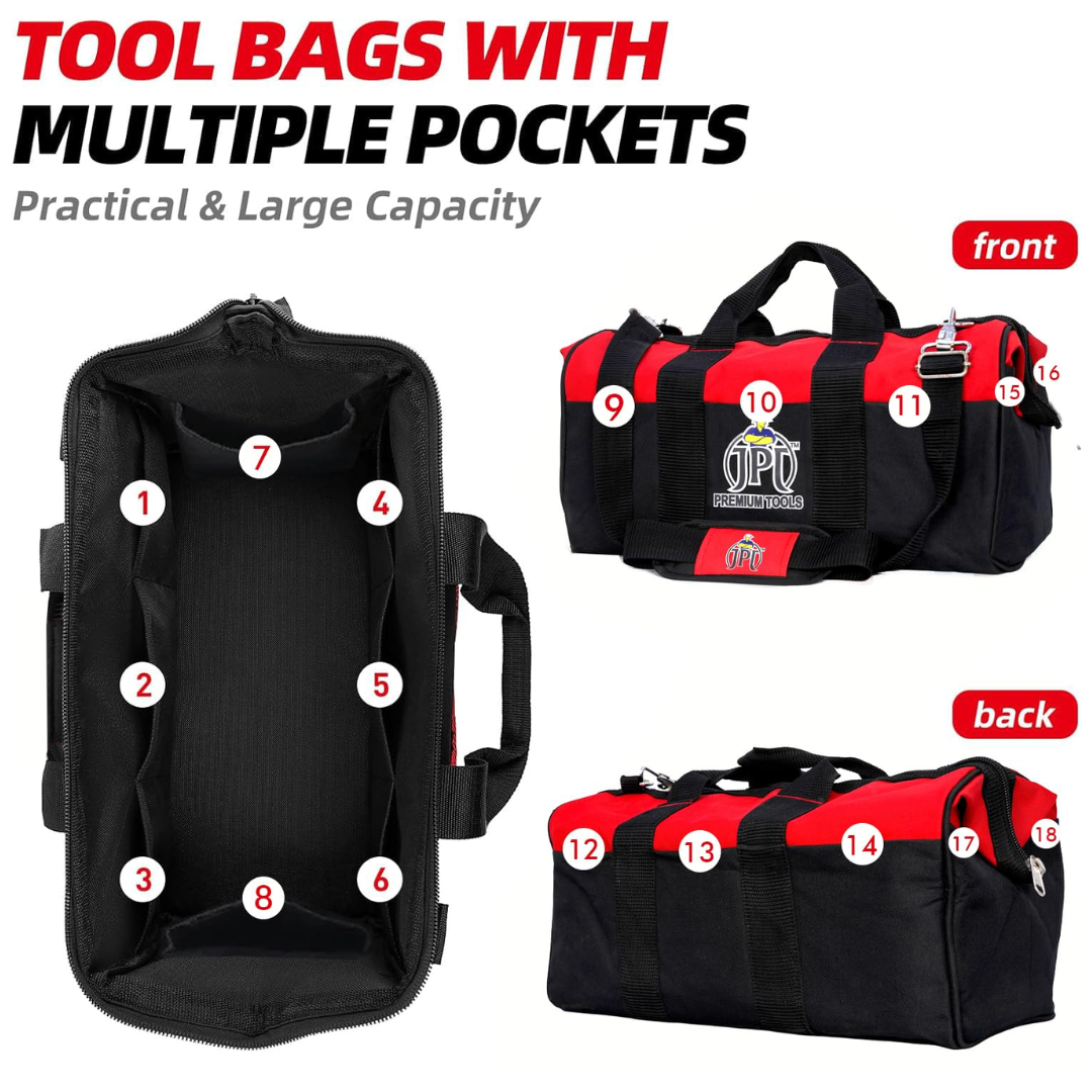 JPT 18-Inch Heavy Duty Tool Bag, Wide Mouth Tool Storage Bag with Interior Pockets, Large Capacity Tool Tote Bag for Electricians, Power Tools Organizer