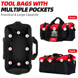 JPT 18-Inch Heavy Duty Tool Bag, Wide Mouth Tool Storage Bag with Interior Pockets, Large Capacity Tool Tote Bag for Electricians, Power Tools Organizer
