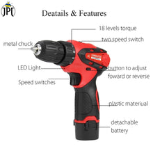 JPT 12V Powerful Cordless Drill Machine | 1350 RPM Speed | 18N.M Torque | 10MM Chuck | 2 Speed Gear | 1500mAh Battery | RENEWED