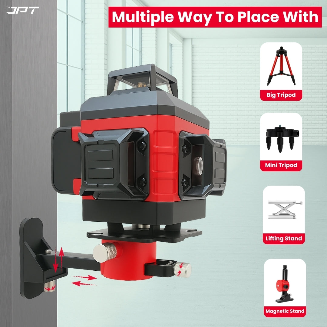 Buy JPT 4D laser level machine for precise leveling at best price. This tool feature 16x coverage, self & manual leveling, brightness & remote control, and more.