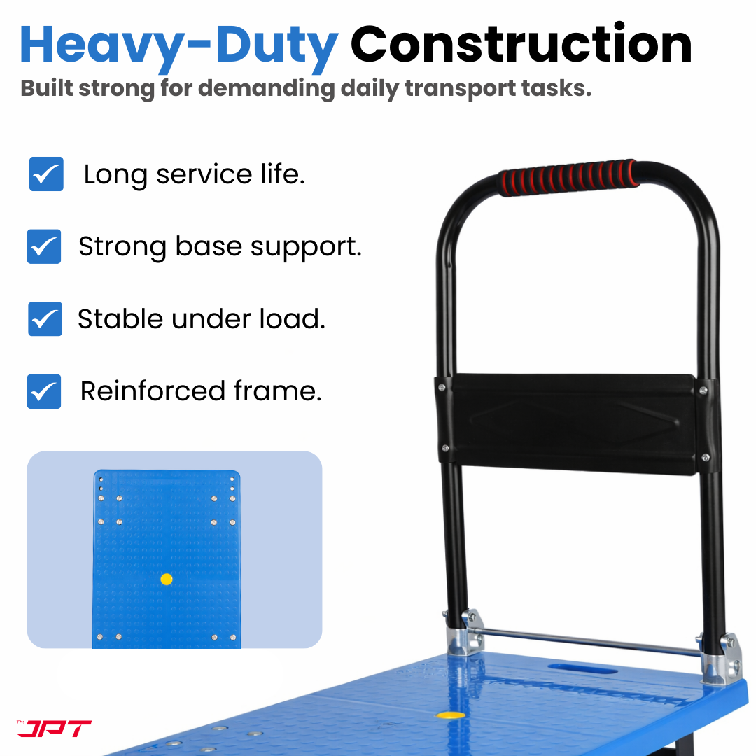 Buy JPT heavy duty foldable hand trolley with 600KG load capacity, 360° swivel wheels and reinforced steel frame. Ideal for warehouse, shop, office and more.