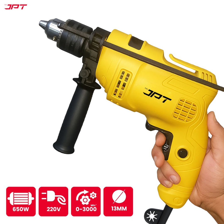 JPT Heavy-Duty Electric Drill Machine | 13MM Chuck | 650W Motor | 3000RPM Speed | 12-Speed Selection | Drilling & Impacting Modes | Forward & Reverse | Auto-Lock Button | Drill Machine for Masonry, Steel & Wood Drilling