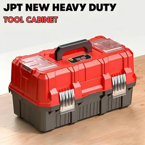 JPT 17-Inch 2-Tiers Heavy-Duty Folding Tool Box | Industrial-Grade Plastic Build | Two Transparent Lids With 2 Tray Compartments | SS Secure Latch with Padlock | Best for Electricians, Carpenters, Automobile