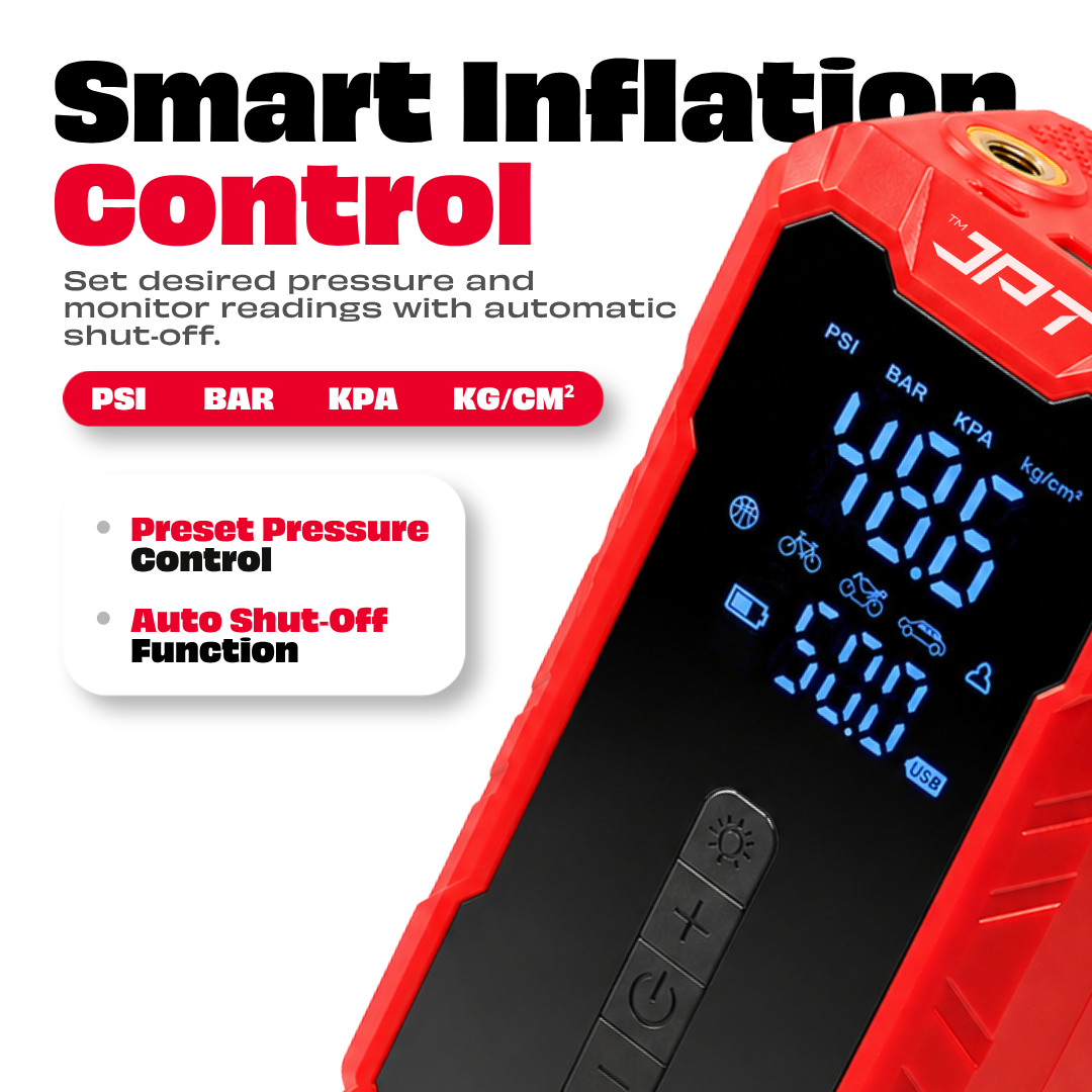 JPT Tools Portable Tyre Inflator & Car Jump Starter | 8000mAh Air Compressor for Cars, Bikes & Bicycles | Quick Inflation | Auto Shut Off | LED Light | Power Bank | EC5 Clamp & Valve Adapters Included