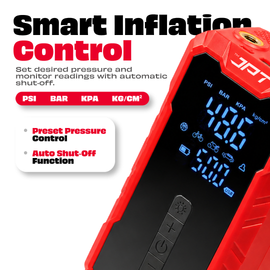JPT Tools Portable Tyre Inflator & Car Jump Starter | 8000mAh Air Compressor for Cars, Bikes & Bicycles | Quick Inflation | Auto Shut Off | LED Light | Power Bank | EC5 Clamp & Valve Adapters Included