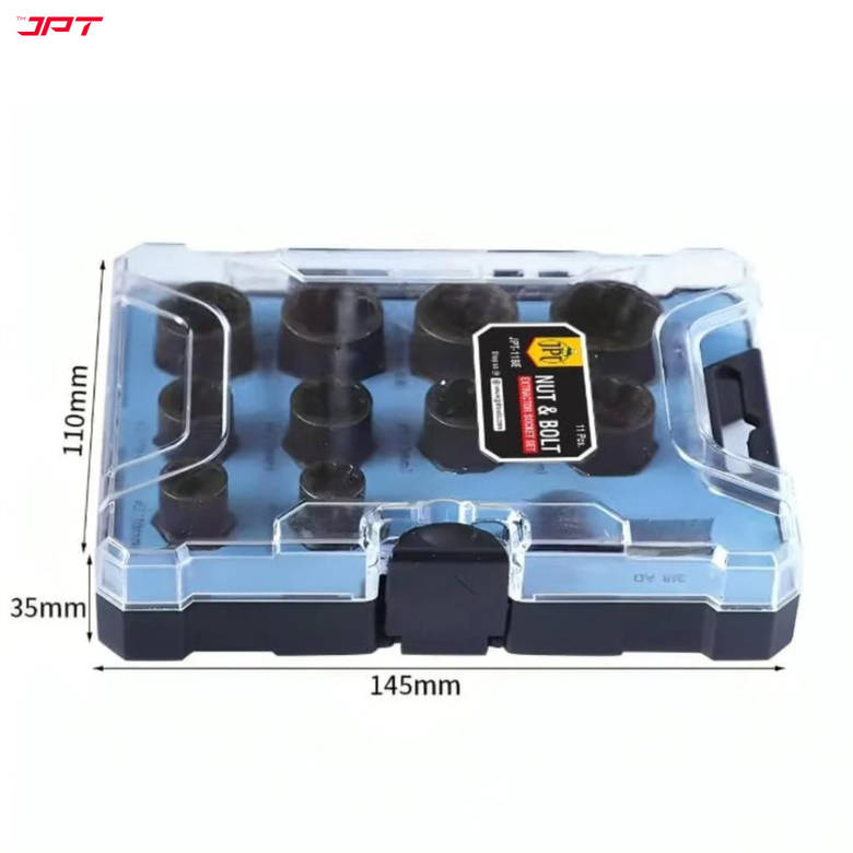 JPT 10+1 Piece Impact Nut & Bolt Extractor Set with 3/8-inch Drive Hex Adapter | Extraction Socket Set for Removing Damaged, Frozen, Rusted, Rounded-Off Bolts and Nuts