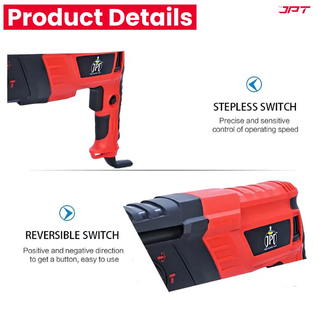 JPT Pro 26MM SDS-Plus Heavy-Duty Rotary Hammer Drill Machine | 1050W Motor | 1200RPM Speed | 3.0 Joules Impact | 4900 BPM Force | 3 Function Modes | Forward & Reverse Function