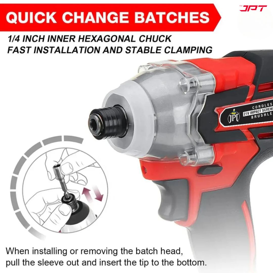JPT 21-volt Impact Cordless Screwdriver Machine | Brushless Powerful Motor | 1/4’’ All-Metal Hex Chuck | 270N.M Torque | 3000RPM Variable Speed | 4000mAh Battery | 6 Driver Bits Included