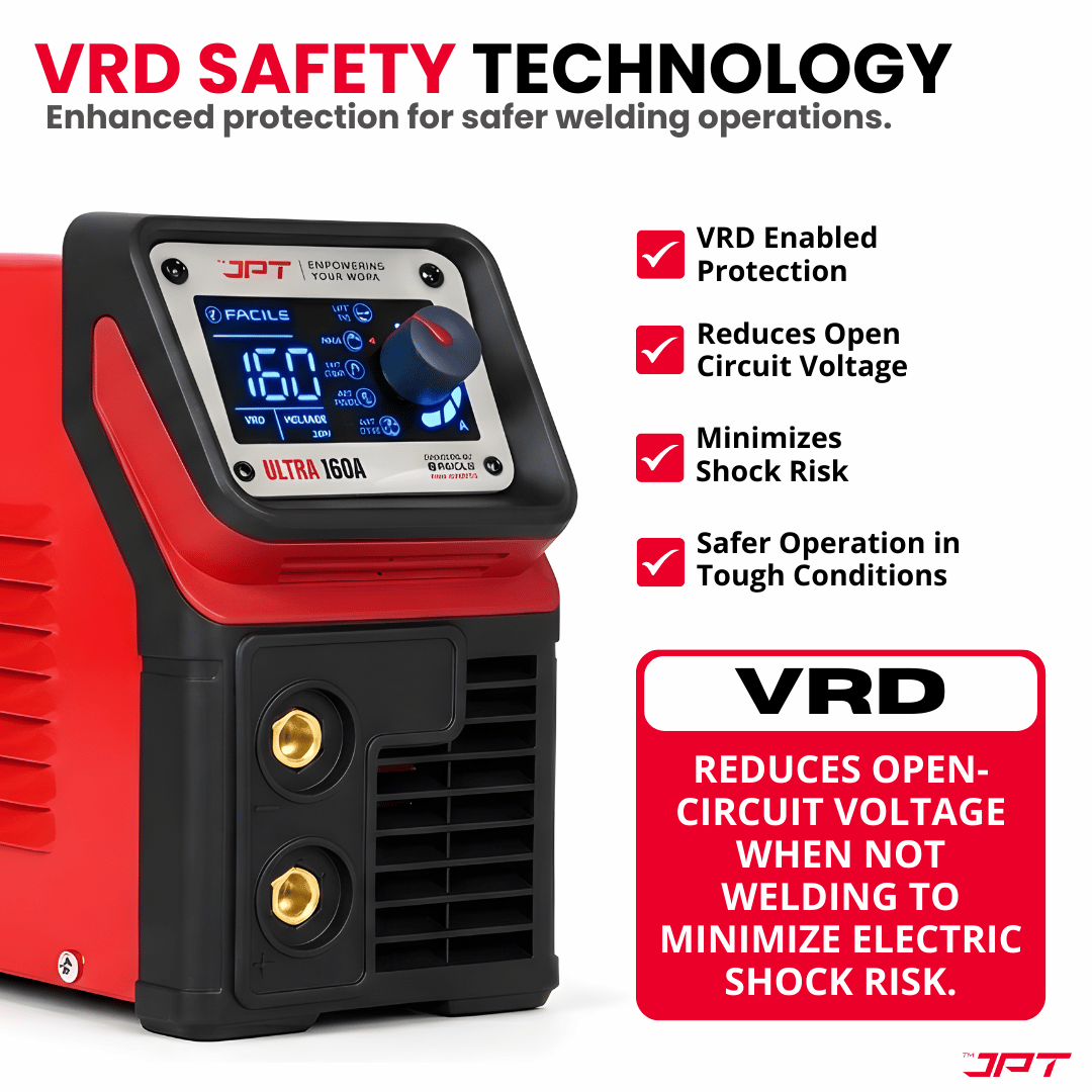 Buy JPT Ultra Heavy-Duty 160A MMA inverter welding machine with Lift TIG, digital control, and VRD safety. Smooth arc, reliable performance for workshops.