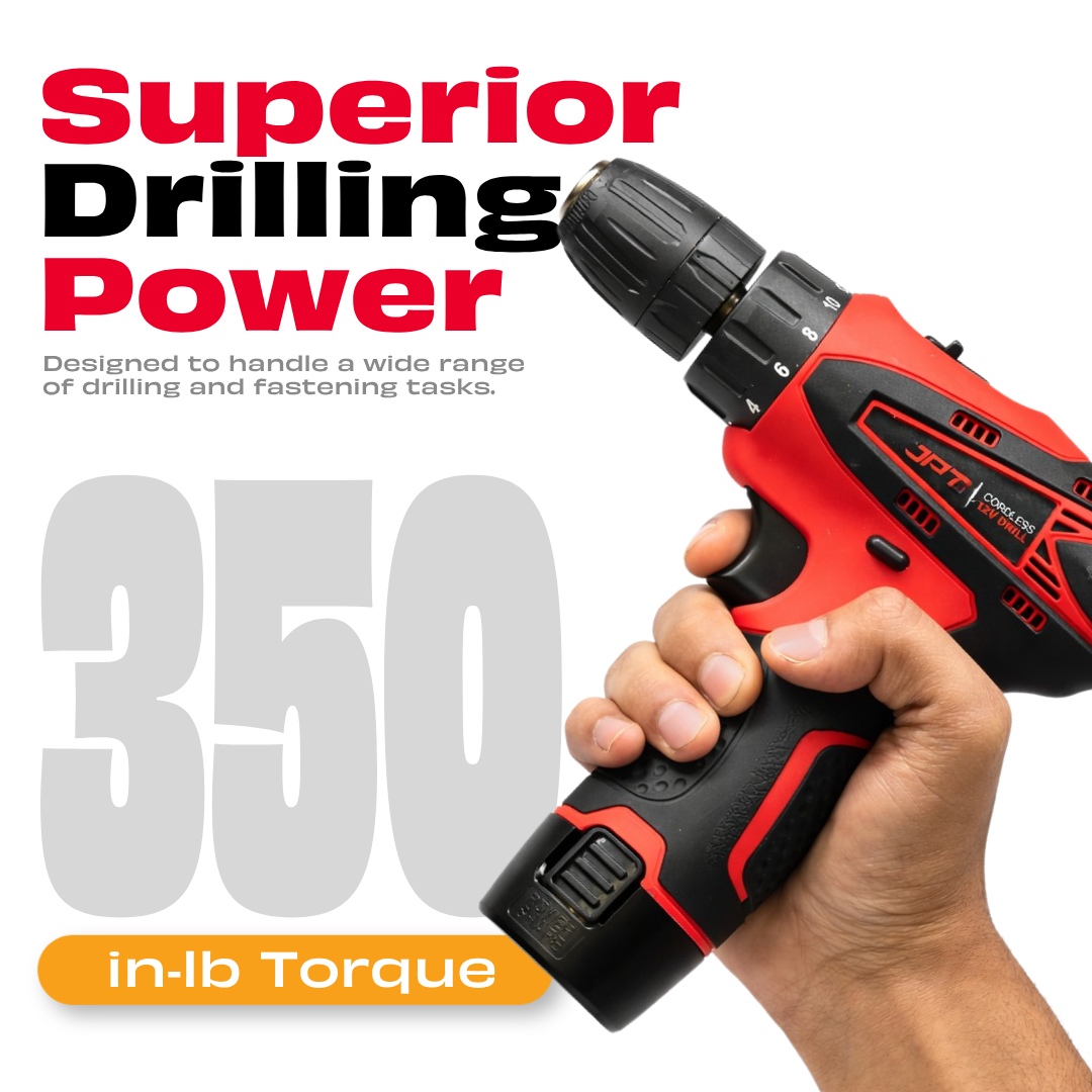 JPT 12-volt Multi-Tasking 3/8-inch Keyless Chuck Cordless Drill Machine | 24 Nm Torque | 1350 RPM Speed | 2 Speed Gear | 18+1 Clutch | 2 x 1500mAh Battery | Fast Charger