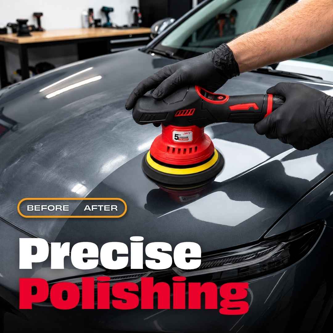 JPT cordless car polisher in use on dark car hood showing before and after precise polishing results