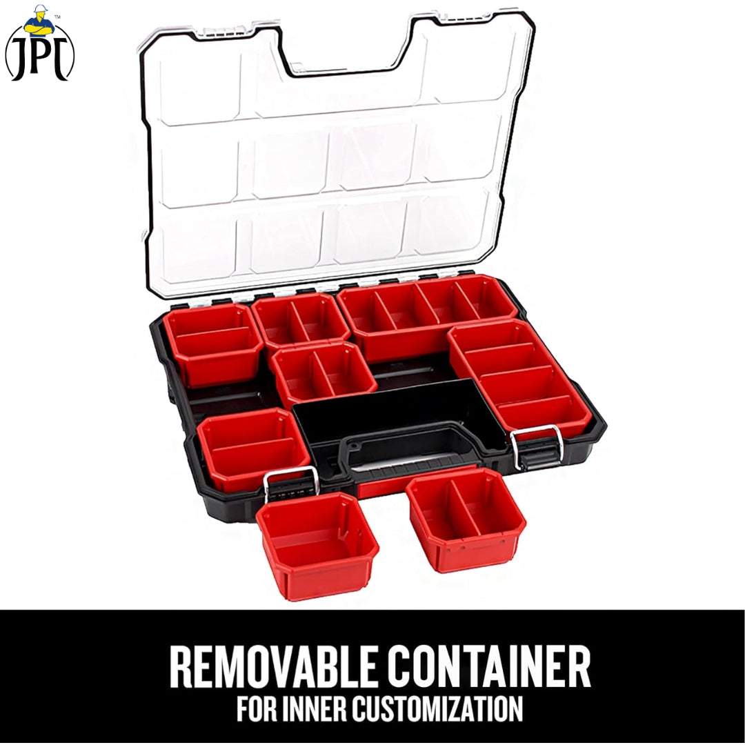 JPT Shallow Tool Organizer Box with 8 Removable Containers and Dividers, Heavy-Duty Storage Case with Transparent Lid for Tools, Hardware, Screws, and Small Items