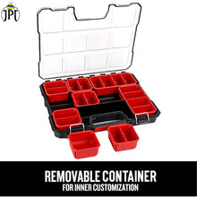 JPT Shallow Tool Organizer Box with 8 Removable Containers and Dividers, Heavy-Duty Storage Case with Transparent Lid for Tools, Hardware, Screws, and Small Items