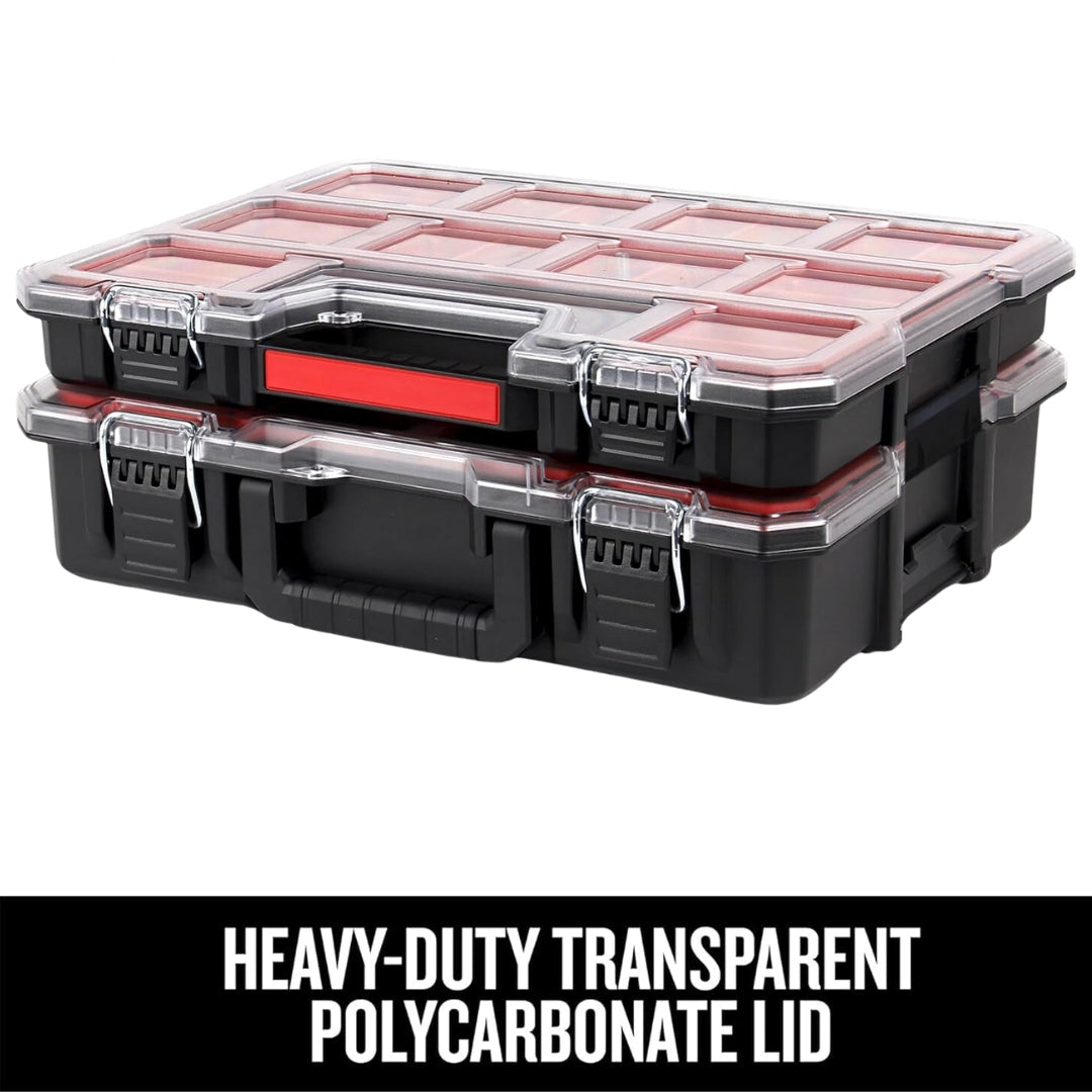 JPT Deep Tool Organizer Box with 10 Removable Bins, Heavy-Duty Storage Case with Transparent Lid for Tools, Hardware, Screws, Nuts, and Small items