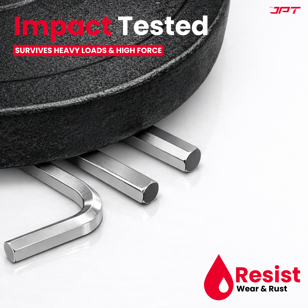 Buy JPT 9-piece CR-V Hex Allen key set (T10–T50) with 5-inch L-type design for extra leverage. Heavy duty cr-v hex key set for bike, car and workshop repair.