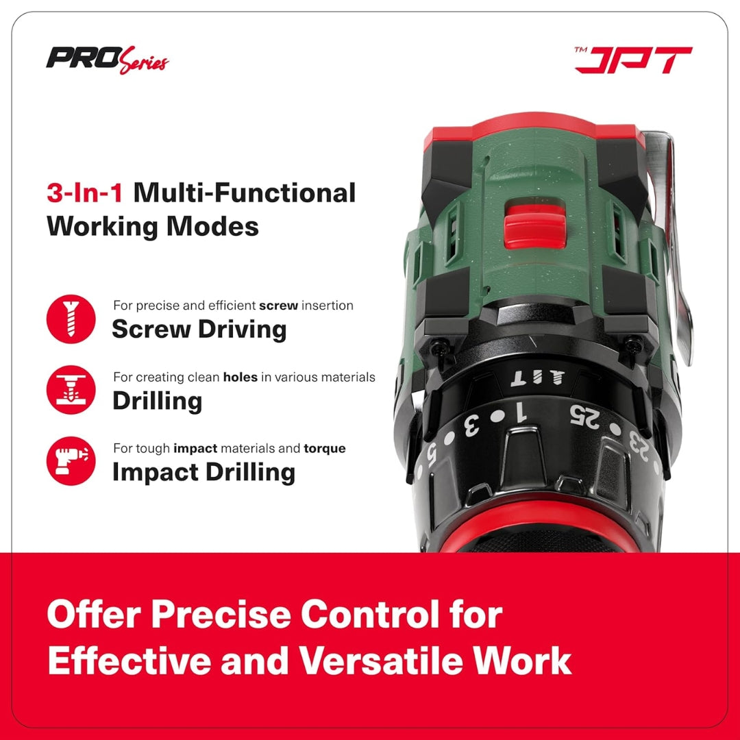 JPT Pro Series 18V Cordless Drill Machine | 70N.M Torque | 0-2150RPM Speed | 25+3 Gears | 2 Speed Modes | 3/8