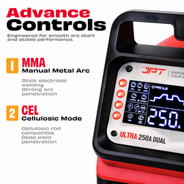 JPT 250A Ultra Heavy Duty Dual Phase ARC/MMA Inverter Welding Machine (220V / 380V) with Lift TIG, VRD, Hot Start, Arc Force, Anti-Stick & Digital Display